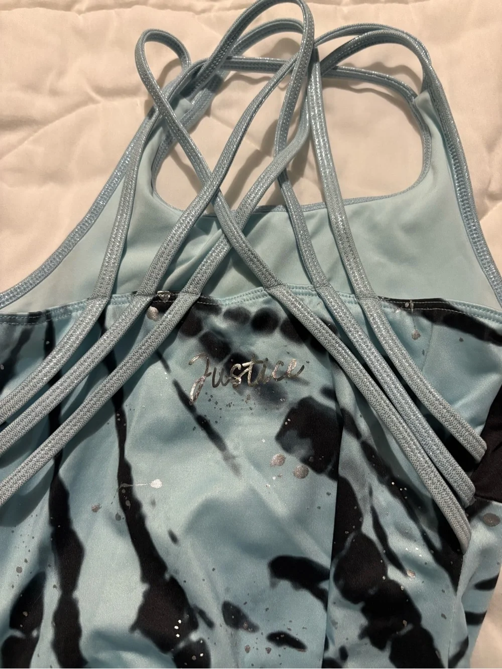Justice Shimmery Light Blue & Black Tie-Dye Dance Leotard